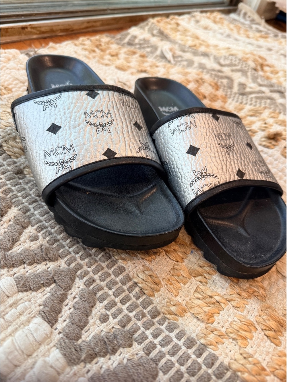 MCM Silver Logo Slide Sandals with Black Sole